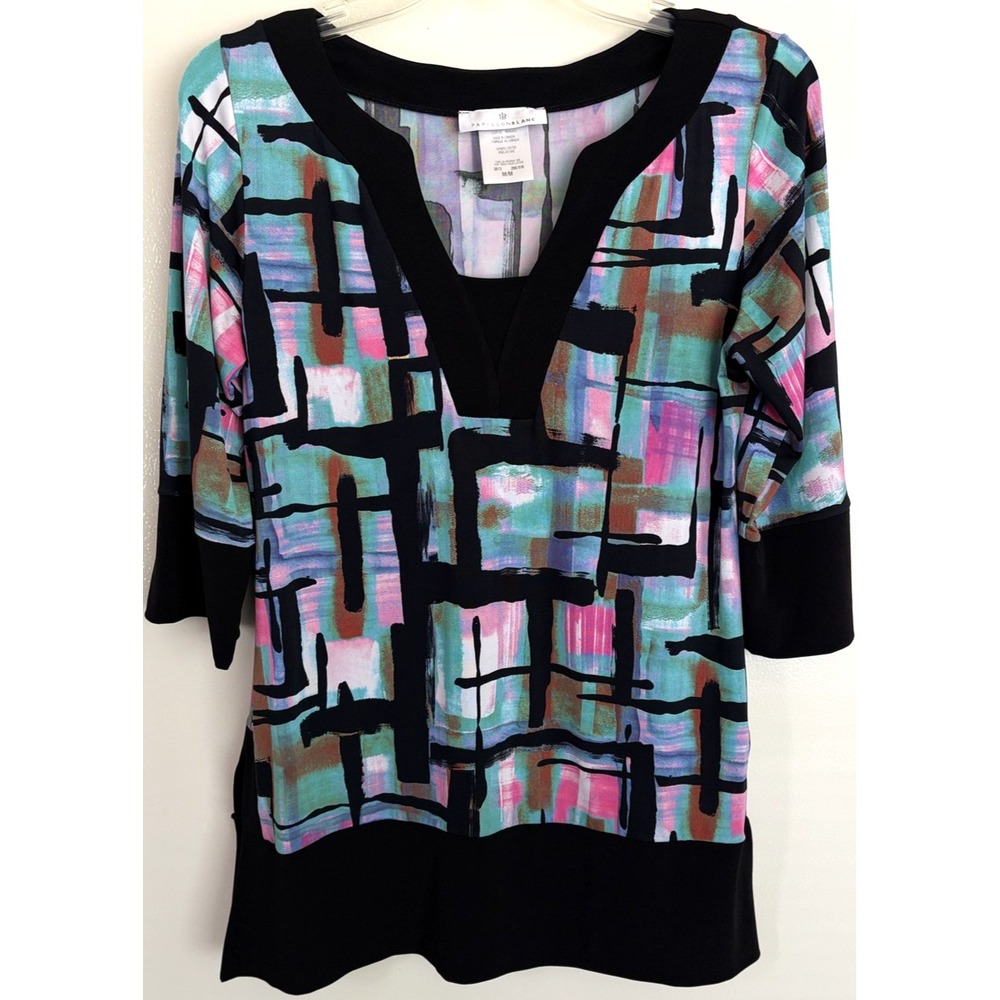 Papillon Blanc Tunic Top Womens Medium Abstract Print 3/4 Sleeve Boho Artsy